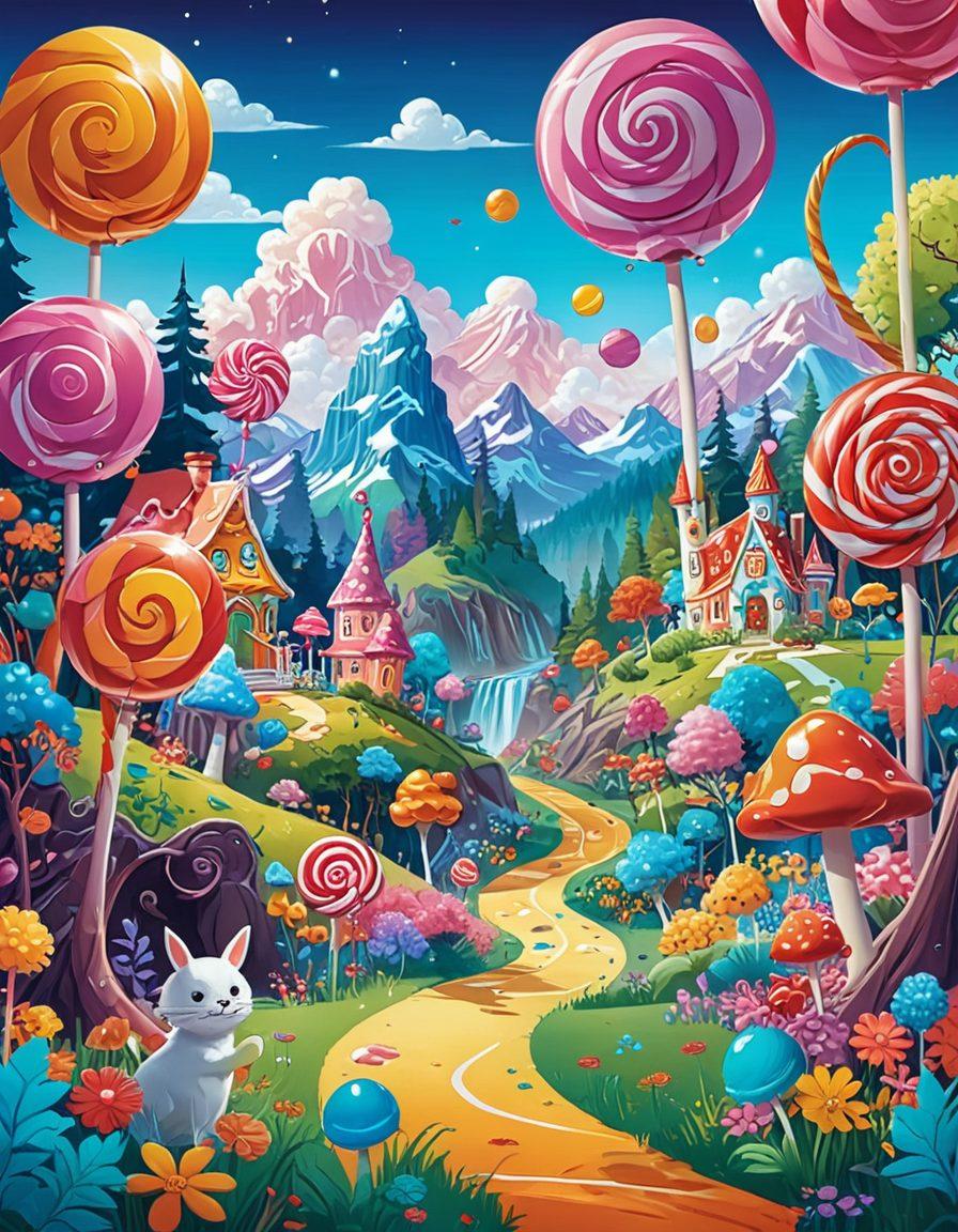 A whimsical and colorful landscape filled with cartoon characters engaging in playful and exaggerated scenarios representing various fetishes and fantasies, showcasing diversity in identities and expressions. Include vibrant colors, imaginative settings like a candy land or a fantasy forest, and elements of humor and fun. The characters should be expressive and dynamic, capturing the essence of exploration and creativity. vector art. vibrant colors.